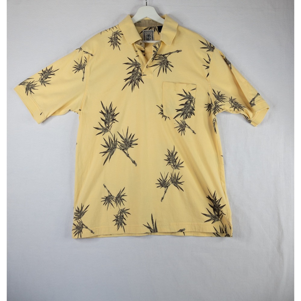 Roundtree & Yorke Polo Shirt Mens‎ L Yellow Good Tropical Bamboo Print Cotton